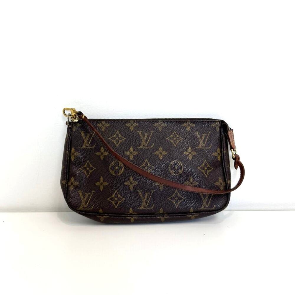 LOUIS VUITTON Brown LV Monogram Pochette Shoulder Bag Tan Leather Logo Handbag